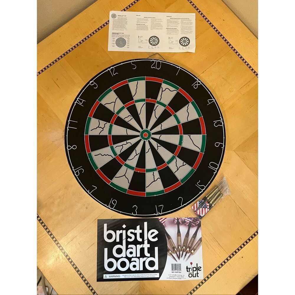 New in Box! Triple Out Bristle Reversible Dart Board w Darts Instruction Sheet